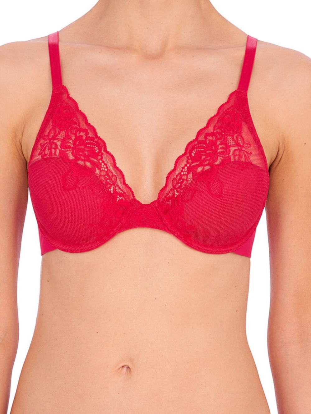 Natori Red Lace Underwire Bra with Floral Embroidery size 32D